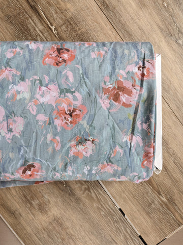 Peach floral on Seafoam| Poly Cotton Crinkle | By the Half Yard