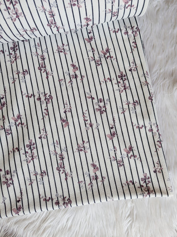 Lilac Watercolor Leaves on Black Pinstripe| Lightweight Liverpool|By the Half Yard