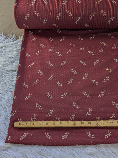 Exclusive Design|Taupe Sprigs on Cranberry Swiss Dot Knit |By the Half Yard