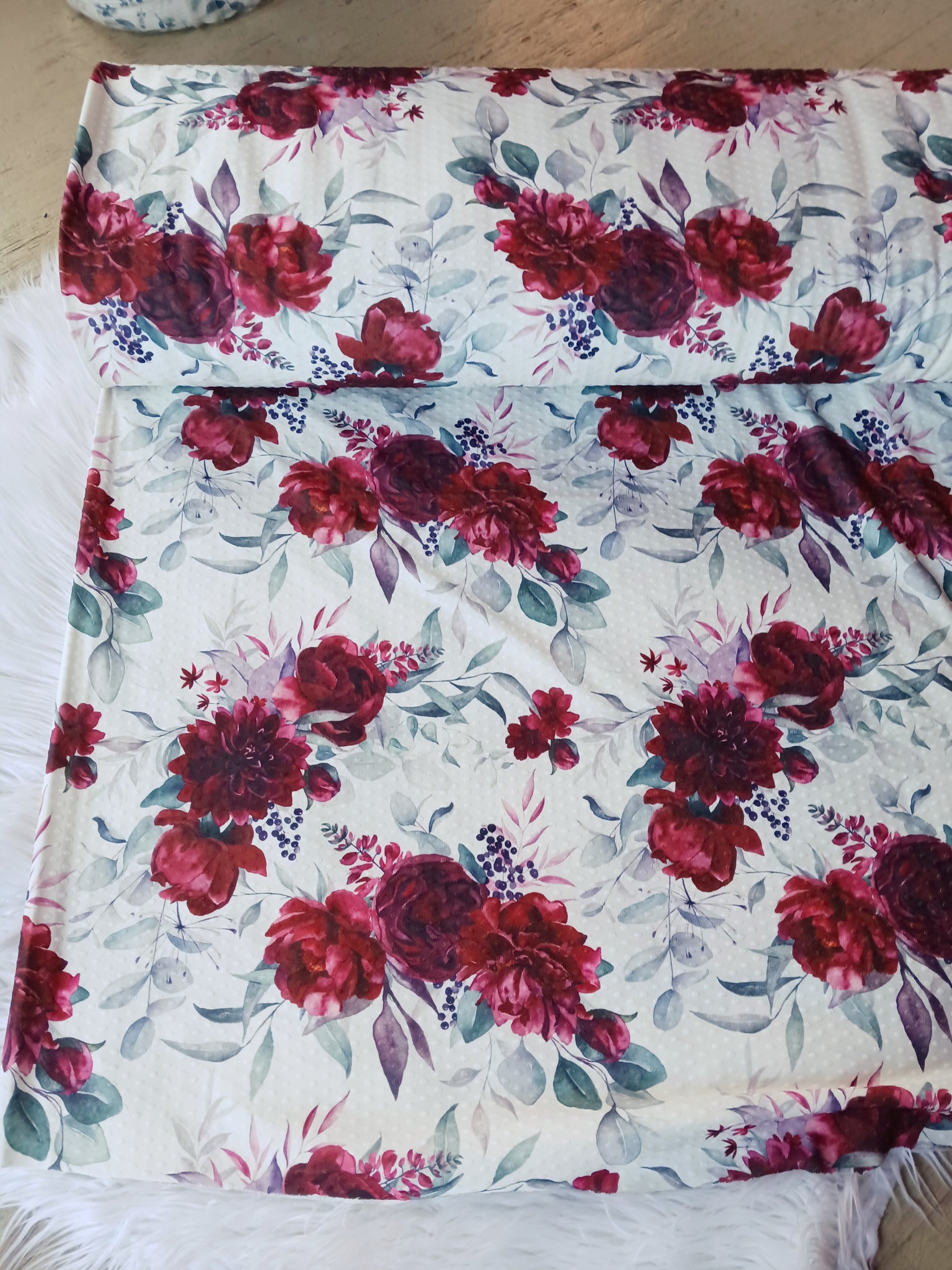 Custom Print | Large Burgundy Floral Swiss Dot Knit |By the Half Yard