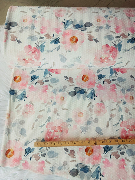 Custom Print | Peachy Pink & Dusty Blue Large Floral Swiss Dot Knit |By the Half Yard
