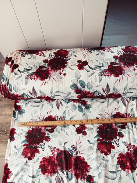 Custom Design | Burgundy Floral with Eucalyptus |Unbrushed Rib Knit|By the Half Yard