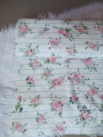 Pink Bouquets on Sage Stripe| Whipped Cream Polyester| By the Half Yard