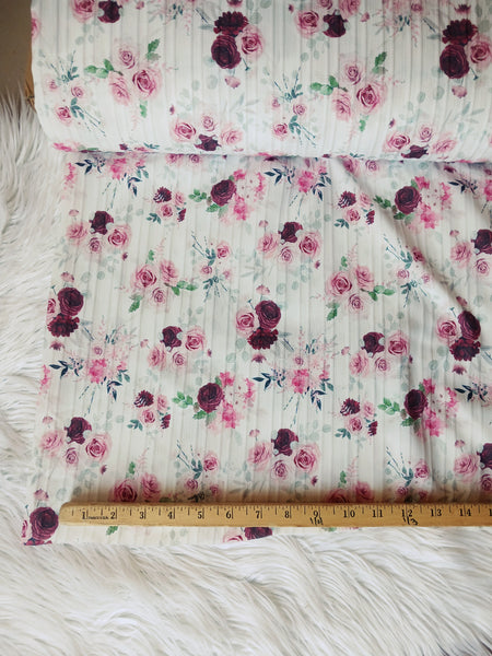 Raspberry & Burgundy Eucalyptus Floral| Polyester Rib Look Floral|By the Half Yard