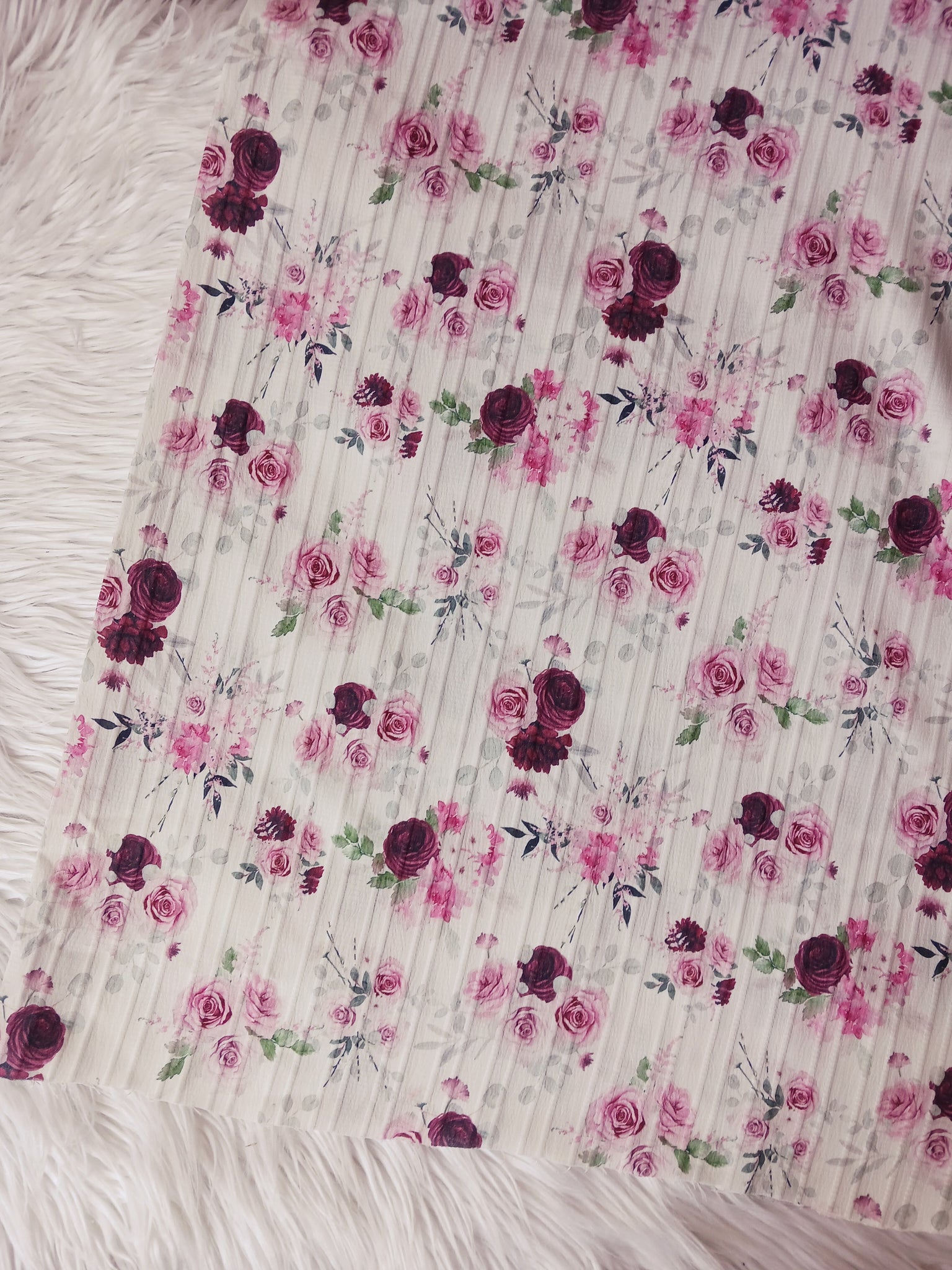 Raspberry & Burgundy Eucalyptus Floral| Polyester Rib Look Floral|By the Half Yard