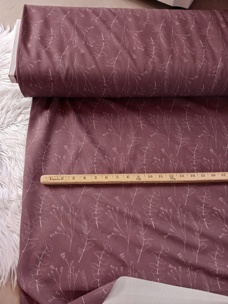 Dusty Burgundy Outline Floral|Polyester Slub Linen Look| By the Half Yard