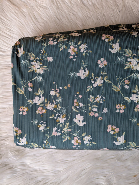 Custom Print|Dusty Teal Floral| Unbrushed Variegated Rib Knit|By the Half Yard