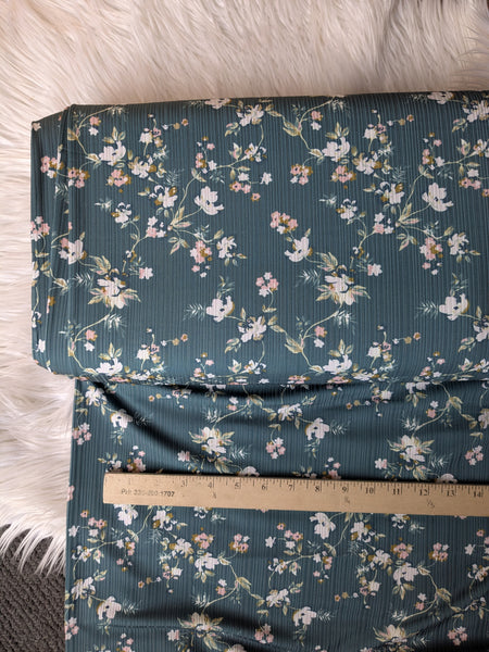 Custom Print|Dusty Teal Floral| Unbrushed Variegated Rib Knit|By the Half Yard