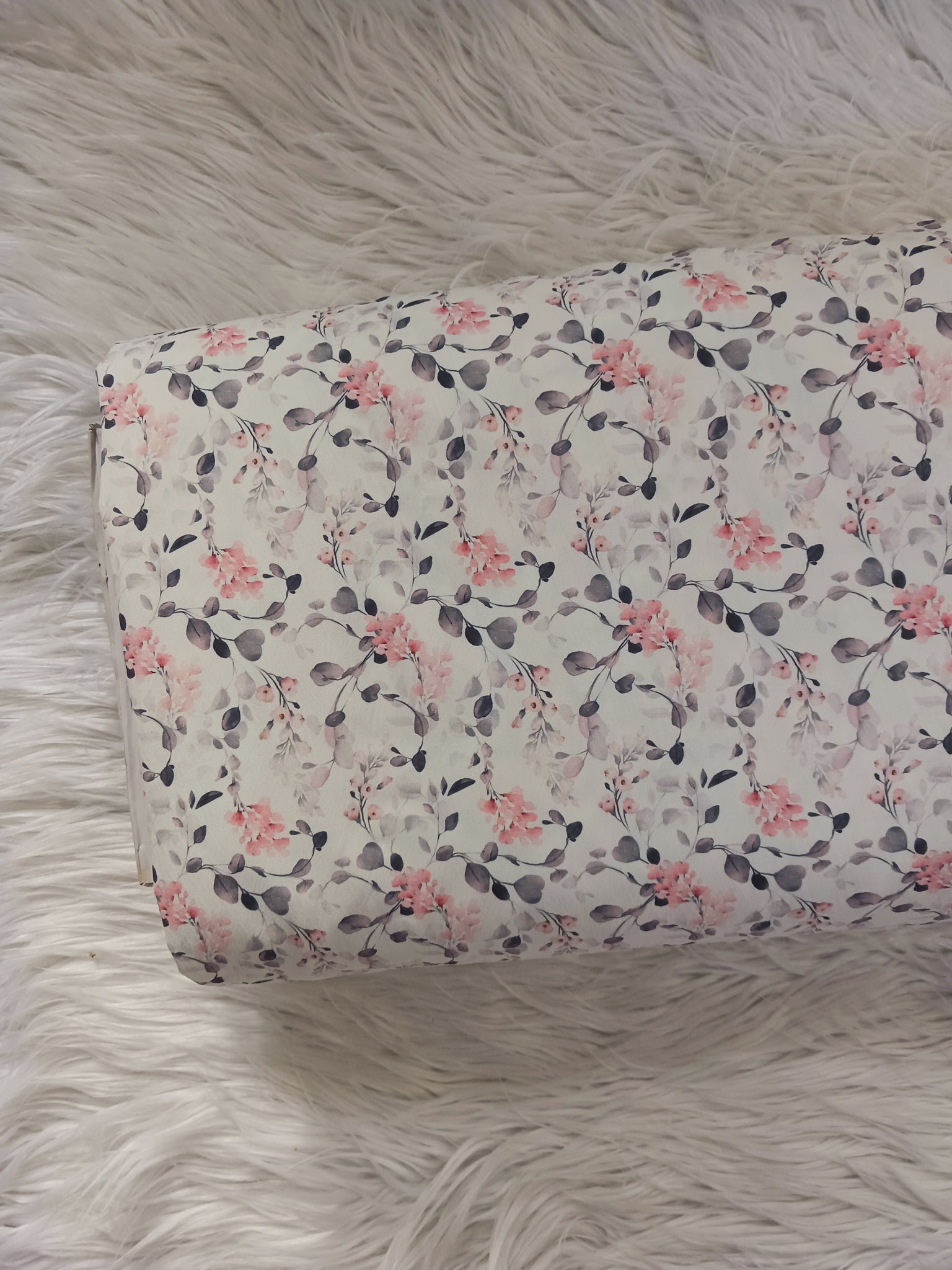 Cherry Blossom w/ Grey Vines| Pine Skin Crinkled Polyester| By the Half Yard