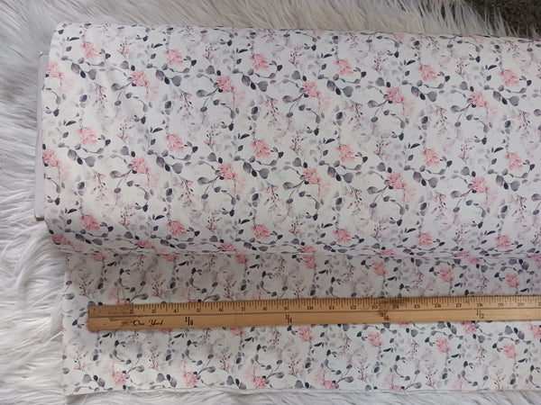 Cherry Blossom w/ Grey Vines| Pine Skin Crinkled Polyester| By the Half Yard