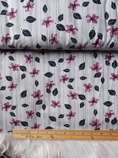 Purple Floral on Grey Stripesl Poly Cotton| By the Half Yard