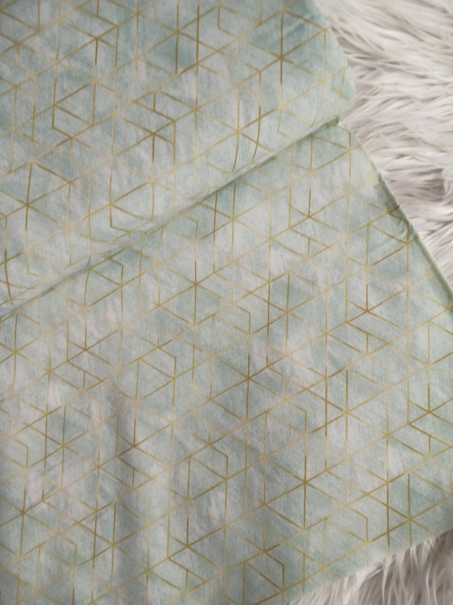 Gold Geometric on Marbled Sagel Poly Cotton| By the Half Yard