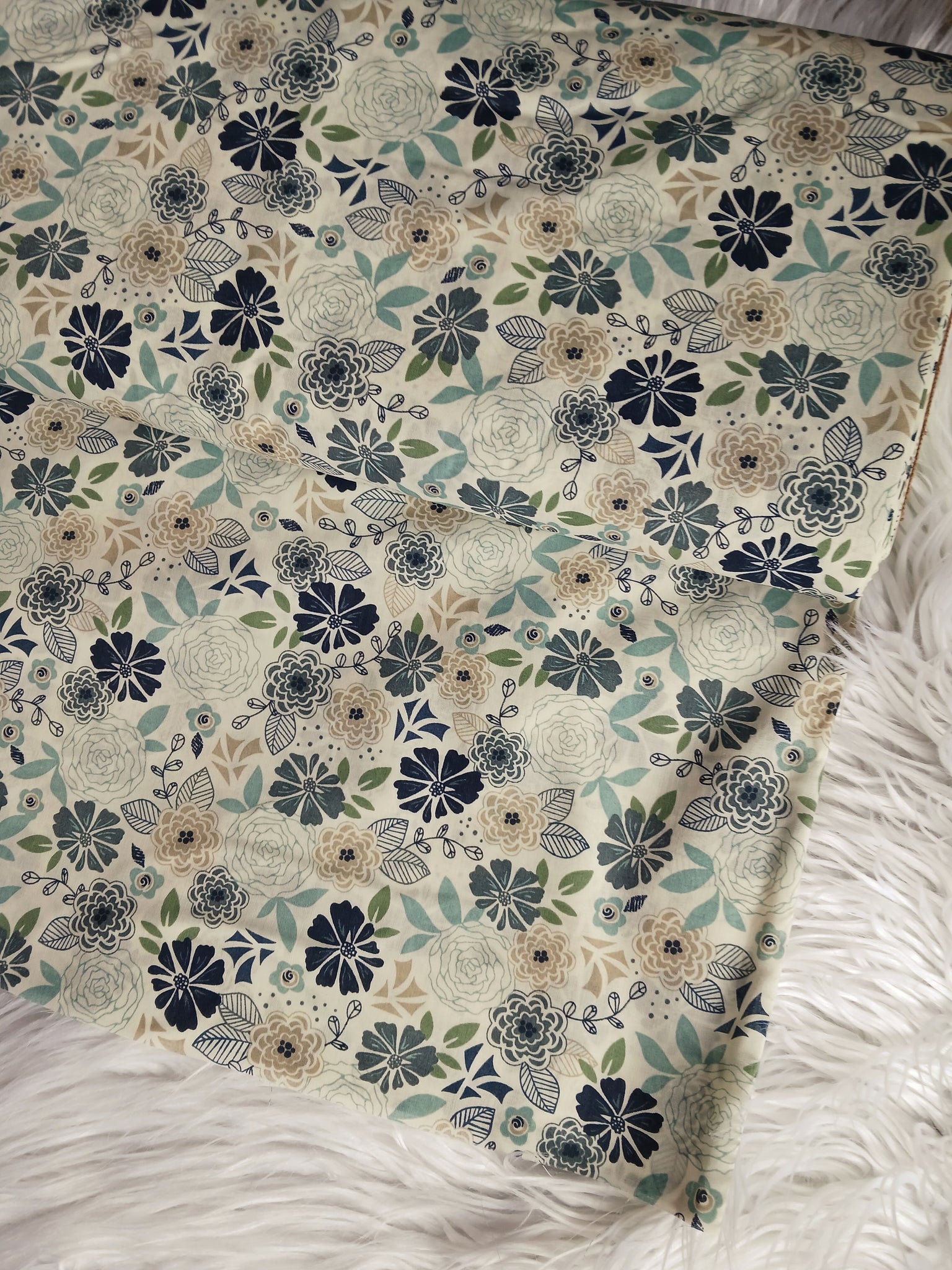 Blue Floral on Cream l Poly Cotton| By the Half Yard