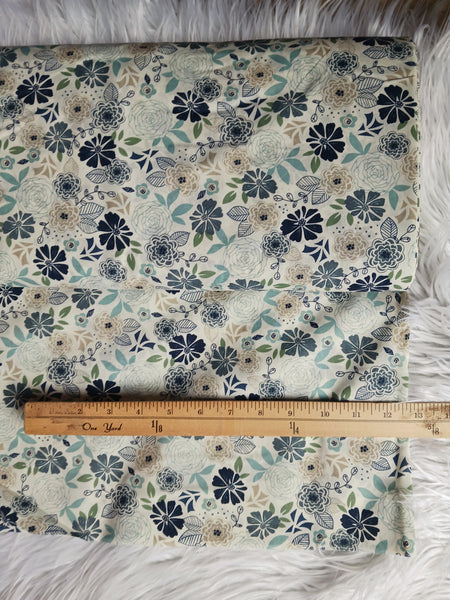 Blue Floral on Cream l Poly Cotton| By the Half Yard