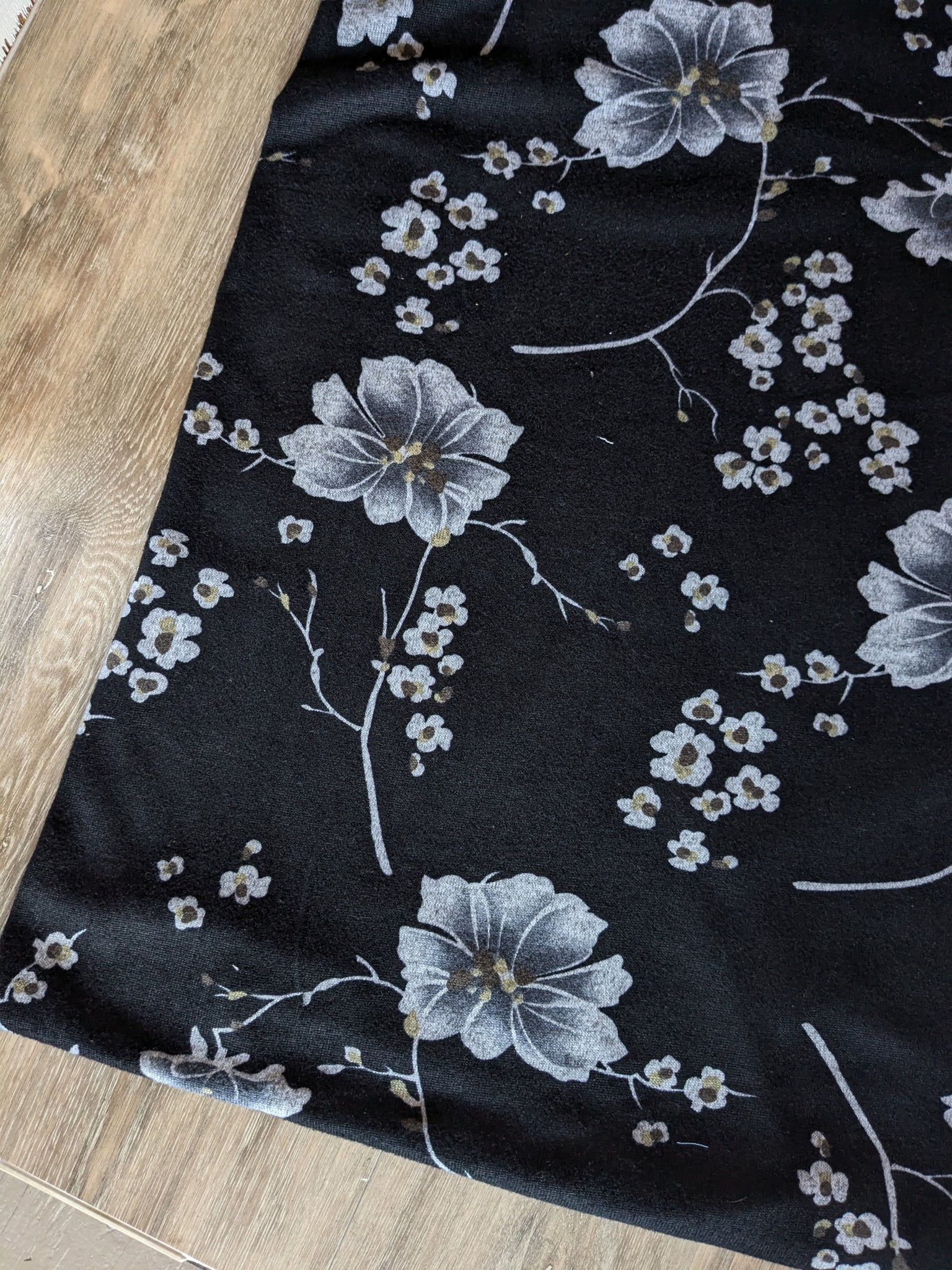 Grey Floral on Black Sweater Knit|By the Half Yard