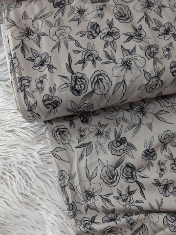 Black Sketch Floral on Taupe|Polyester Slub Linen Look| By the Half Yard