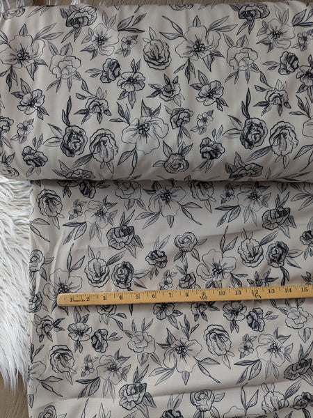 Black Sketch Floral on Taupe|Polyester Slub Linen Look| By the Half Yard