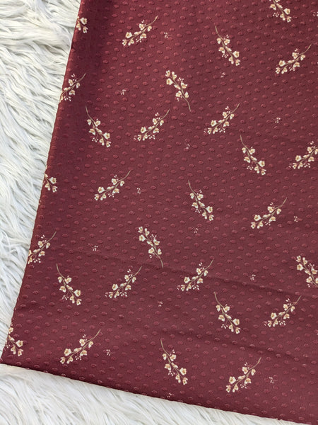 Exclusive Design|Taupe Sprigs on Cranberry Swiss Dot Knit |By the Half Yard