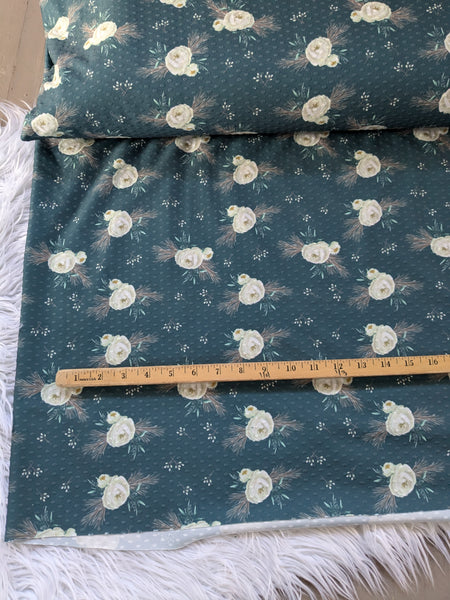 Exclusive Design |Vintage Teal w/ Ivory Floral Swiss Dot Knit |By the Half Yard