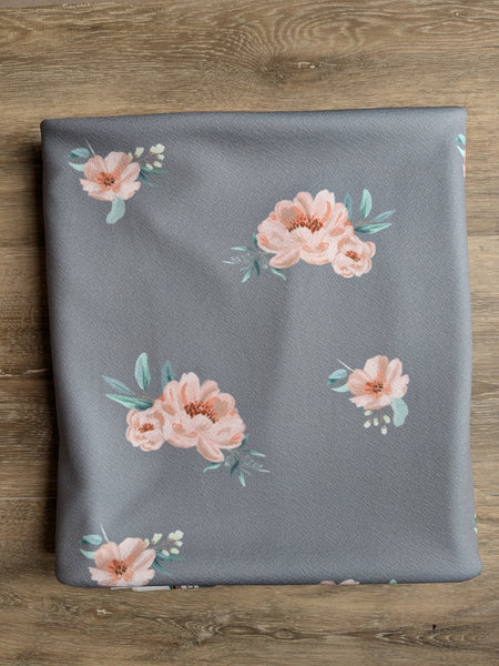 Exclusive Design|Peach Floral on Grey Lightweight Liverpool Knit | By the Half Yard