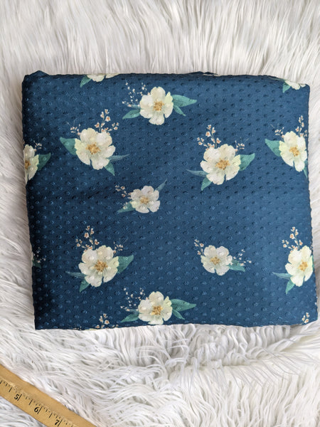 Exclusive Design| Teal Blue Floral Swiss Dot Knit |By the Half Yard