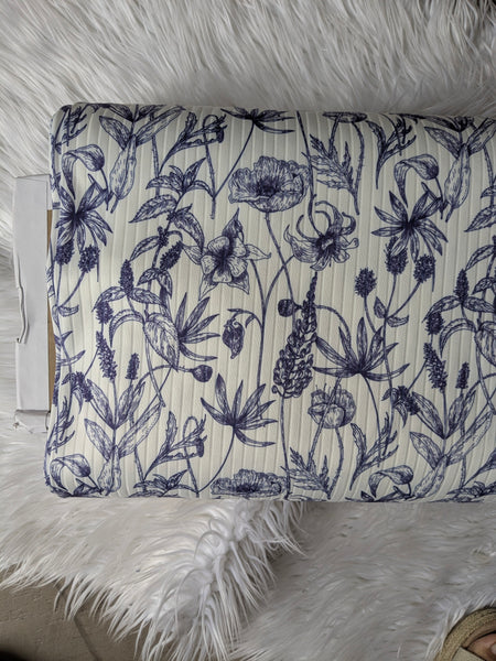 Custom Print |Summer Navy Chinoiserie Stems| Unbrushed Rib Knit|By the Half Yard