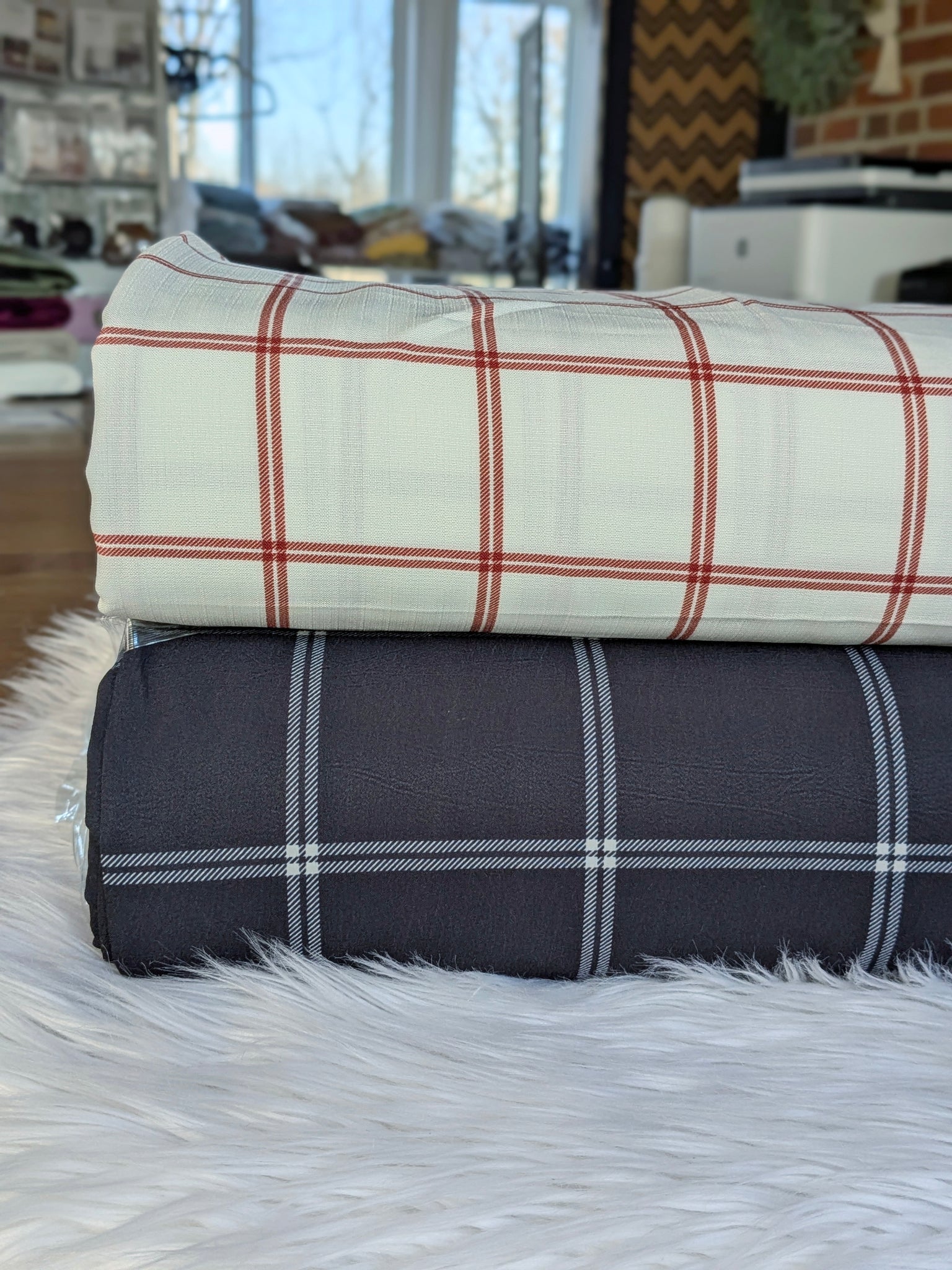 Custom Print|Windowpane Plaid | Polyester Slub Linen Look & Cloud Poly| By the Half Yard