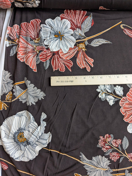 Salmon & Red Poppies on Chocolate DTY | By the Half Yard