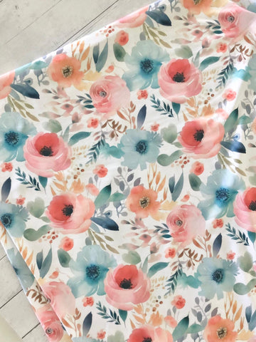 Blue & Peach Watercolor Floral| DTY | By the Half Yard