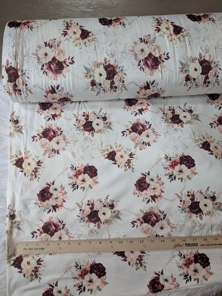Burgundy Bouquet with Gold Stencil|Double Brushed Poly|By the Half Yard