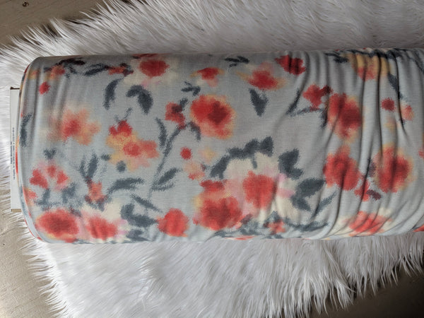 Coral Watercolor Silouhette On Light Blue| French Terry Knit l By the Half Yard