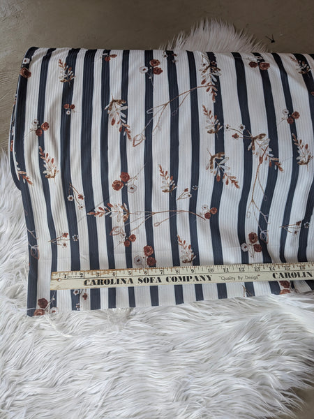 Rust Sprigs on Navy Stripes | Soft Rib Knit |By the Half Yard