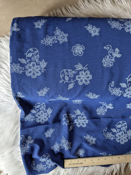 Navy Stencil Floral Embroidered Look |Polyester Air Flow| By the Half Yard