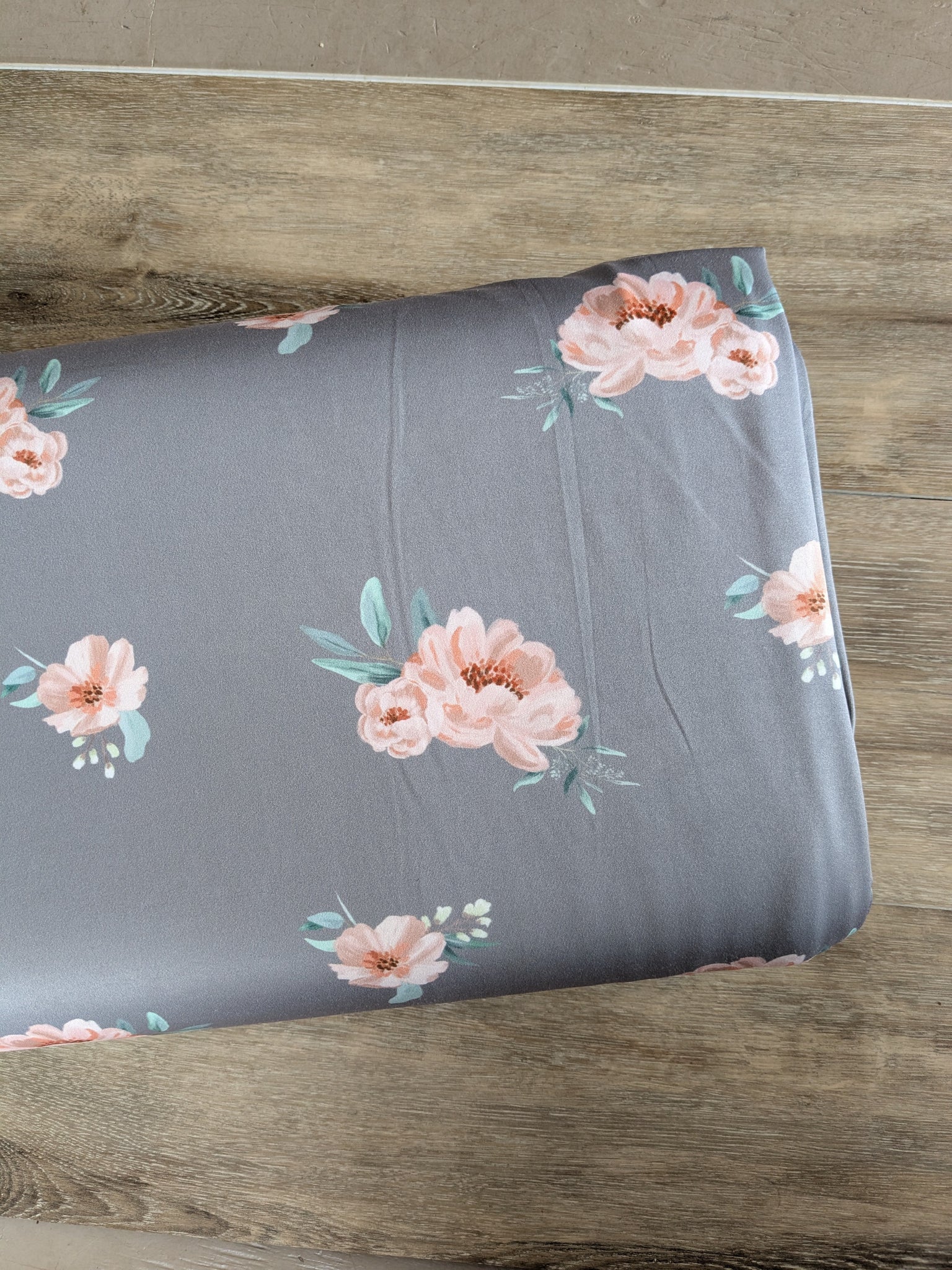 Exclusive Design|Peach Floral on Grey Lightweight Liverpool or Athletic Knit | By the Half Yard