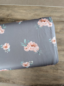 Exclusive Design|Peach Floral on Grey Lightweight Liverpool or Athletic Knit | By the Half Yard