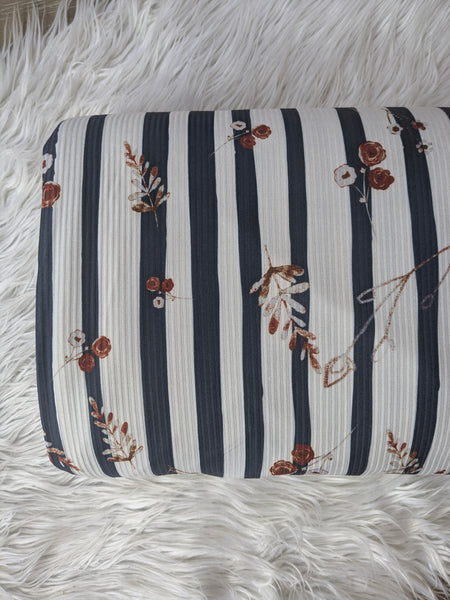 Rust Sprigs on Navy Stripes | Soft Rib Knit |By the Half Yard