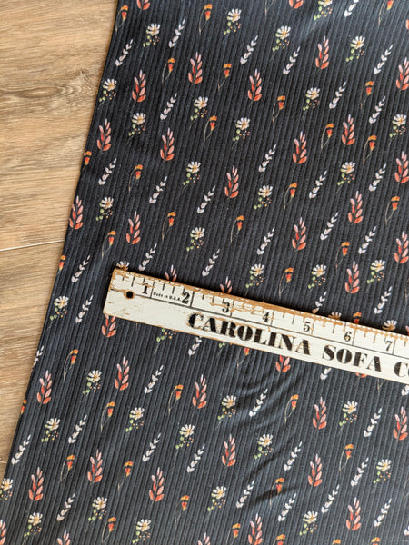 Rust Leafy Print on Black  | Yummy Rib Knit|By the Half Yard