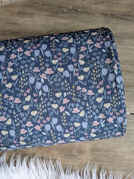 Dainty Tulip Toss on Denim Blue| Pine Skin Polyester| By the Half Yard