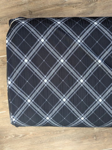 Custom Print |Diagonal Tartan Plaid on Black |Unbrushed Variegated Rib Knit|By the Half Yard