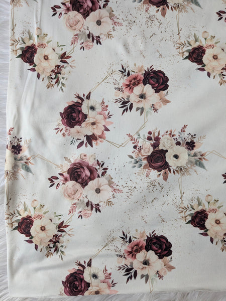 Burgundy Bouquet with Gold Stencil|Double Brushed Poly|By the Half Yard