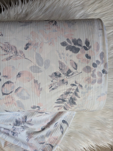 Peach & Periwinkle Watercolor Sprigs| Variegated  Rib Knit |By the Half Yard