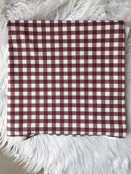 Custom Print | Burgundy Gingham |Unbrushed Variegated Rib Knit|By the Half Yard