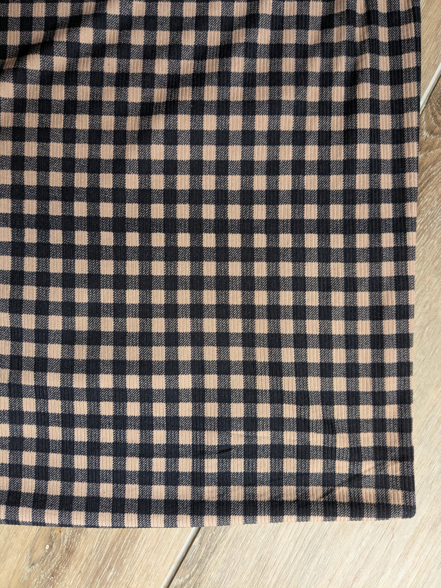 Black Gingham on Mocha| Yummy Rib Knit|By the Half Yard