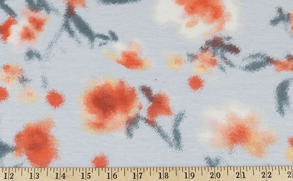Coral Watercolor Silouhette On Light Blue| French Terry Knit l By the Half Yard