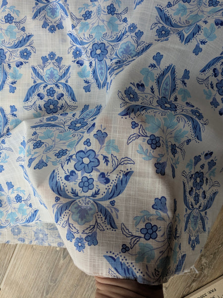 Blue Damask Floral |Linen Cotton Blend  | By the Half Yard