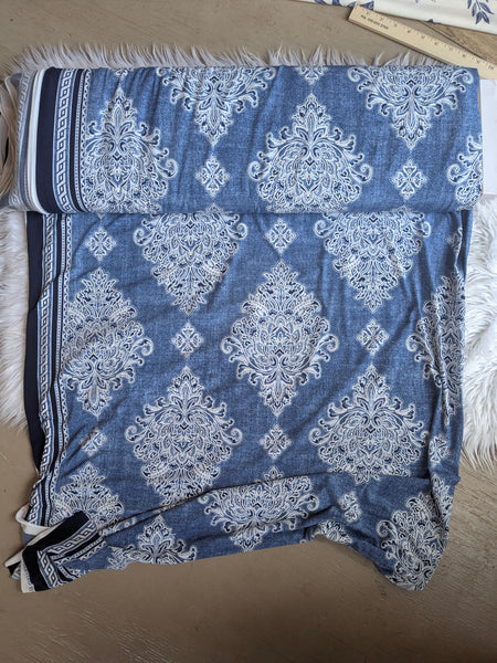 Heathered Blue Damask Border DTY w/Embossed Puff| By the Half Yard