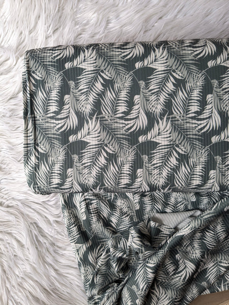 Palm Leaves on Deep Green| Unbrushed Rib Knit|By the Half Yard
