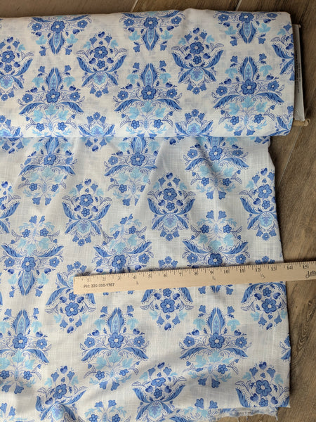 Blue Damask Floral |Linen Cotton Blend  | By the Half Yard