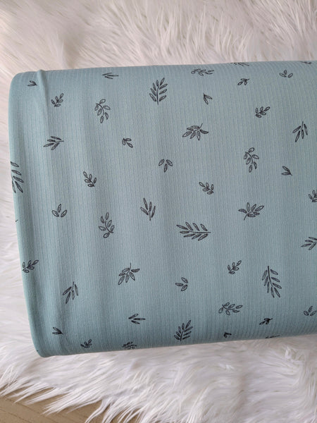 Black Sprigs on Light Blue|Classic Rib Knit |By the Half Yard