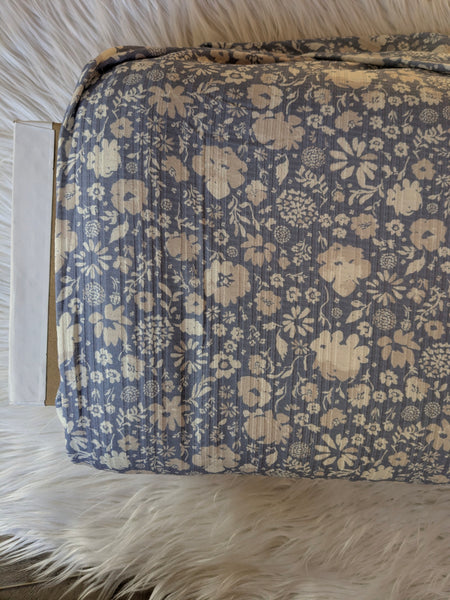 Laura Floral in Tan & Blue|Summer Breeze Knit|By the Half Yard